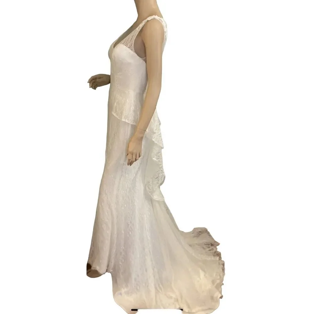 David's Bridal Galina Ivory Lace‎ Peplum Button-Up Wedding Dress 8